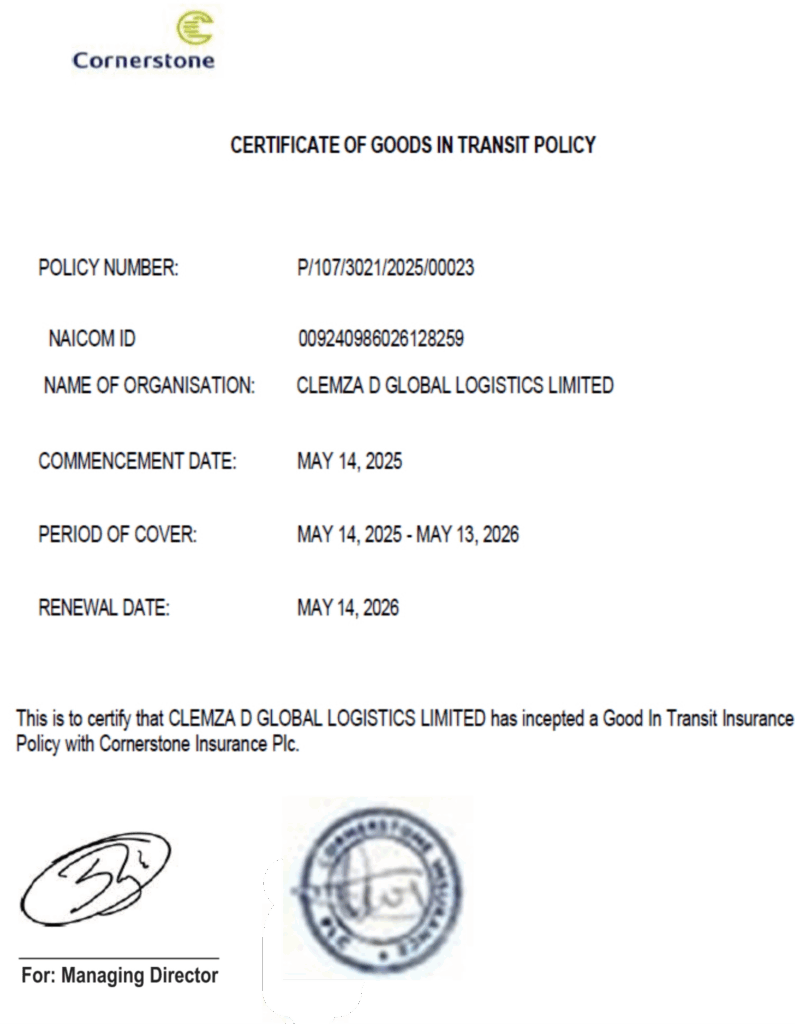 Certificate of Goods in Transit Policy